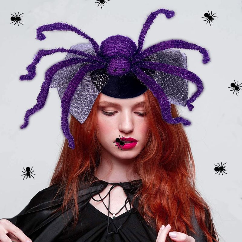 Photo 1 of 2PCS Halloween Headpiece, Large Halloween Spider Hairpins Clips Hair Accessory, Spooky Costume Cosplay Accessories with Spiders and Webs for Women Halloween Party Decor?Black & Purple?
