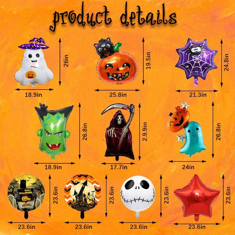 Photo 2 of 10 Pcs Halloween Foil Balloons Pumpkin Ghost Balloons Grave Castle Spider Web Balloons Star Monster Death Skeleton Balloons for Holiday Halloween Decoration Birthday Party Supplies
