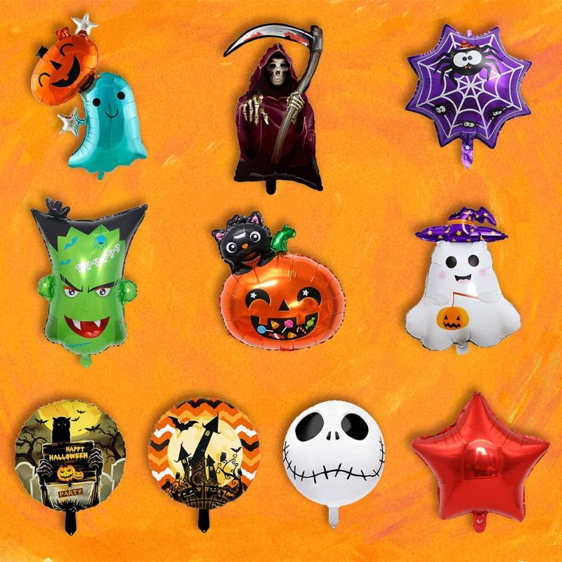 Photo 1 of 10 Pcs Halloween Foil Balloons Pumpkin Ghost Balloons Grave Castle Spider Web Balloons Star Monster Death Skeleton Balloons for Holiday Halloween Decoration Birthday Party Supplies
