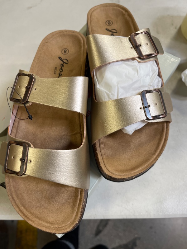 Photo 3 of Jeossy Women's Slides Sandals Cork Footbed Sandals Buckle Band Sandals Comfy Arch Support Sandals Slip On Outdoor Shoes
SIZE 8
Color: Comfy-815-gold

