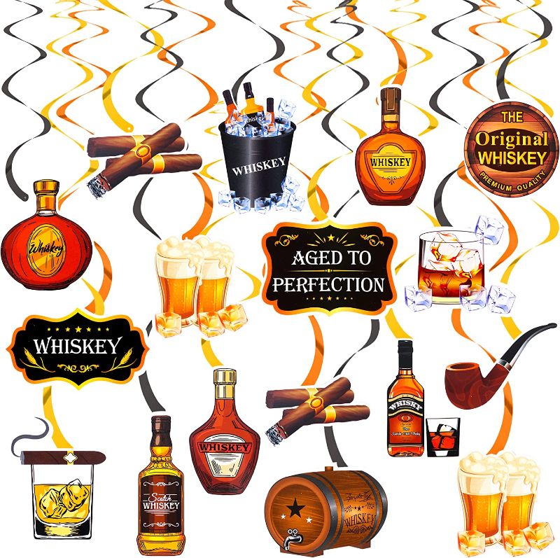 Photo 1 of 30 Pcs Whiskey Birthday Decorations for Men Mens Birthday Decorations Beer Themed Party Decorations Beer Decorations Whiskey Hanging Swirls Cigar Beer Hanging Swirls
