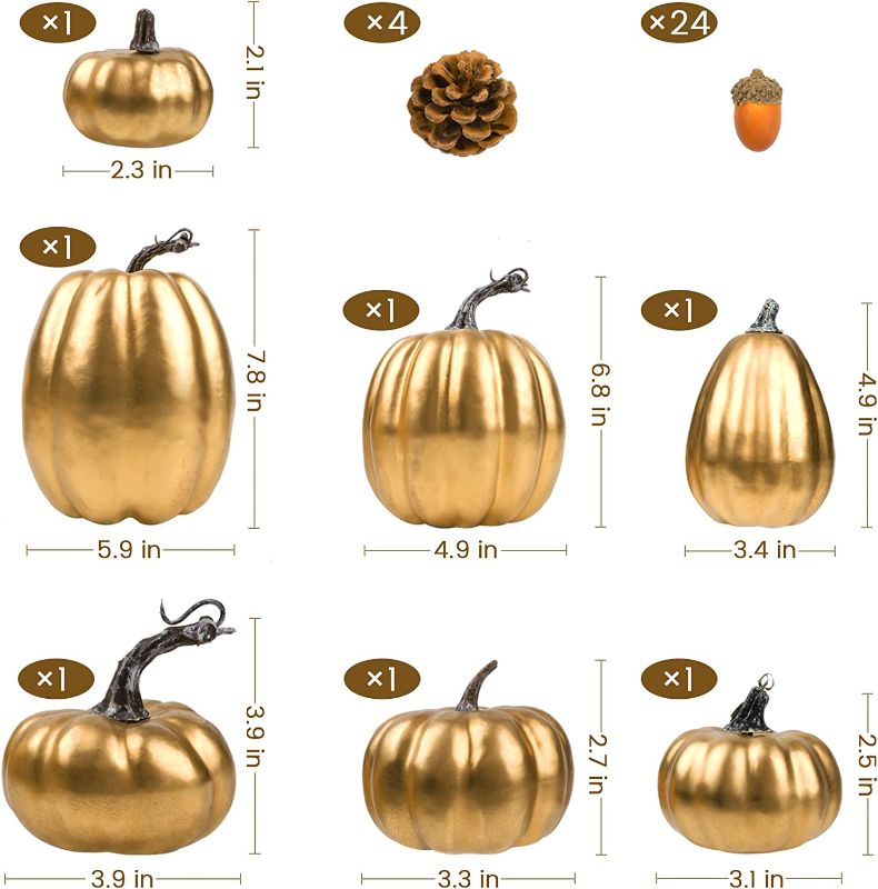 Photo 2 of 7 pcs Assorted Sizes Gold Artificial Pumpkins Faux Foam Autumn Pumpkins with 24 pcs Acorns and 4 pcs Pinecones for Halloween Thanksgiving Table Fall Harvest Home Decorations
Color:Gold
