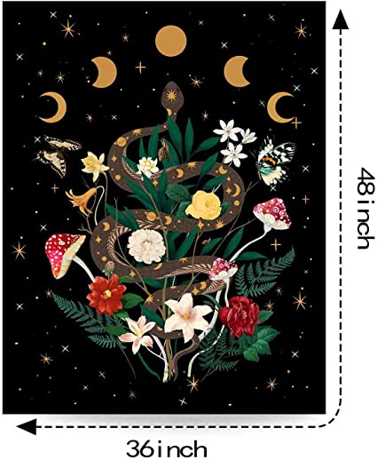 Photo 1 of Accnicc Floral Snake Moon Tapestry Vertical Flower Stars Butterfly Black Tapestry Wall Hanging Colorful Wildflowers Aesthetic Wall Tapestries for Bedroom Dorm Living Room (Black, 44'' × 60'')