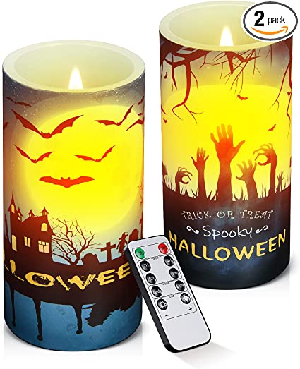 Photo 1 of Aku Tonpa Halloween Flameless Candles with Remote Control Timer, Battery Operated LED Candle Set, Spooky Bat Decal for Halloween Home Decoration Gifts (2 Pack, 3” x 6”)