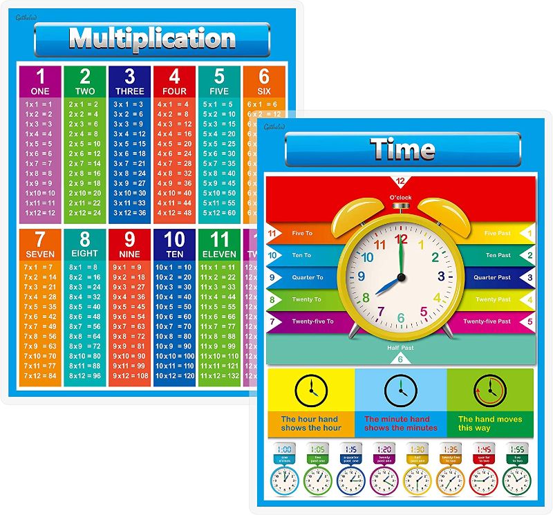 Photo 1 of 2 COUNT Multiplication Table and Time Telling Laminated Posters for Kids (17" x 23")

