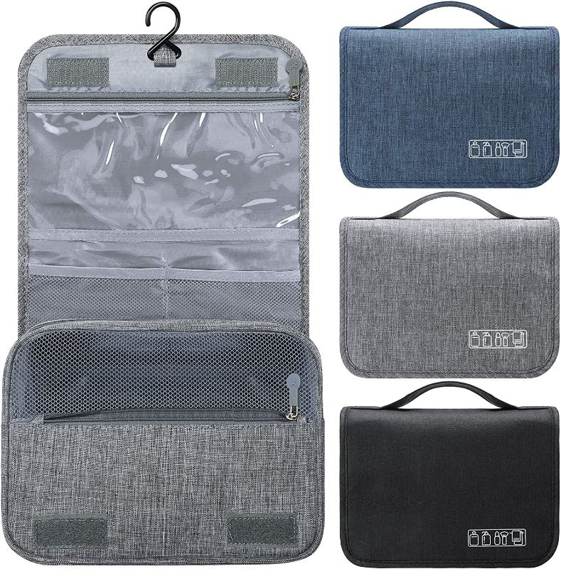 Photo 1 of 3 Pieces Hanging Toiletry Bag Large Capacity Travel Cosmetic Bag Women and Men Shaving Kit Bag Waterproof Bathroom Storage Bag Toiletries Shower Bag Organizer Bag with Hook, Black, Grey, Navy Blue
