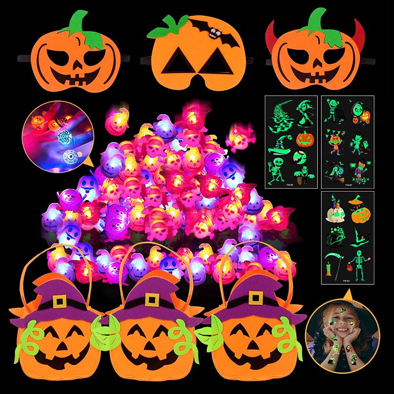Photo 1 of 39 Pcs Birthday Party Favors Gift Set for Kids,Dress Up Festival Christmas Cosplay Party Supplies Includes Pumpkins Masks Pumpkins Goodie Bag Fillers Tattoos Stickers Led Light Up Rings for Kids, FACTORY SEALED
