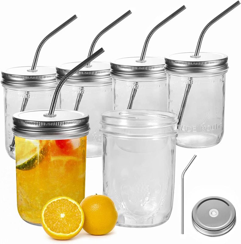 Photo 1 of 6 Pack Mason Jars 16 OZ - OAMCEG Smoothie Cup 16 OZ with Lids and Straws, Regular & Wide Mouth Mason Jar, 100% Recycled Sipper Mason Jar Drinking Glasses/Jars/Mugs, One Size
, FACTORY SEALED