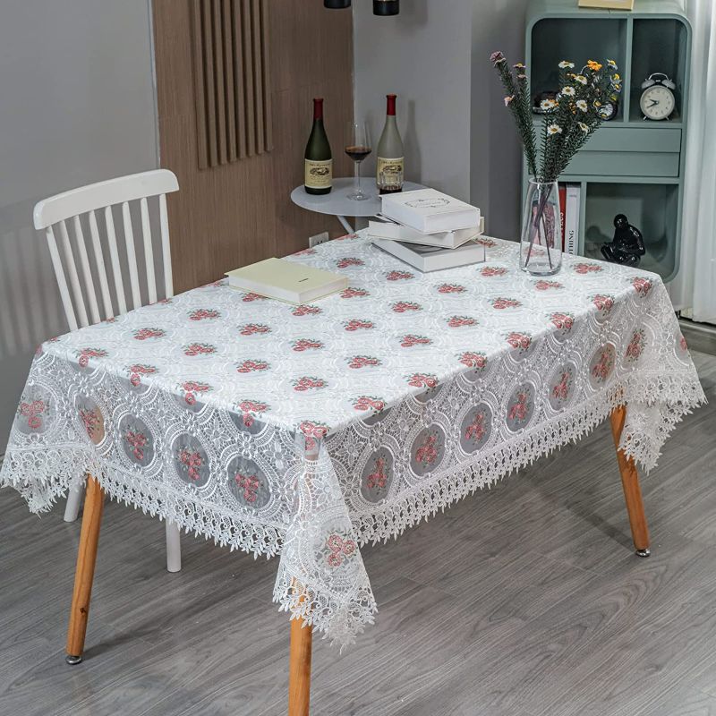 Photo 1 of ATHENA LYU Lace Tablecloth Suitable for All Tables, Used for Wedding, Dinner, Outdoor Summer Party Decoration, Gift Relatives and Friends..(White,50IN*70IN)

