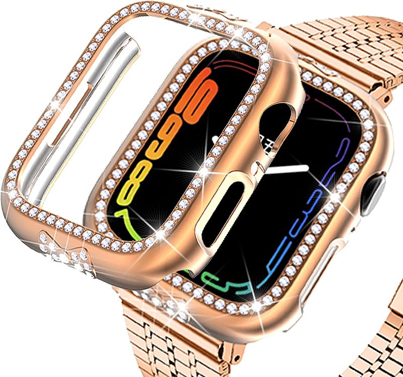 Photo 1 of Bling Case Compatible with Apple Watch Series 7/8 41mm 45mm Protector Cover Accessories Women Girls Diamond Crystal with Cute Bow Bumper Frame (41mm, Rose Gold)
