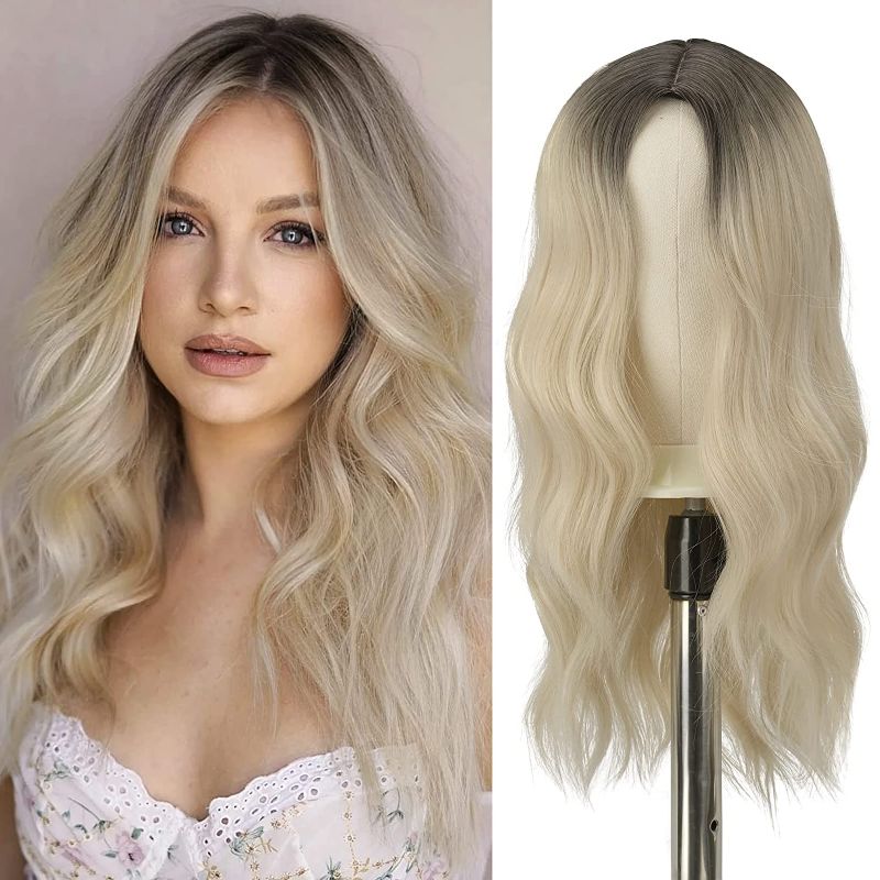 Photo 1 of FESHFEN Long Ombre Blonde Wigs for Women 22 inch Dark Roots Ombre Blonde Curly Wavy Full Wig Middle Parting Wigs Natural Looking Synthetic Wig Extensions for Daily Party
