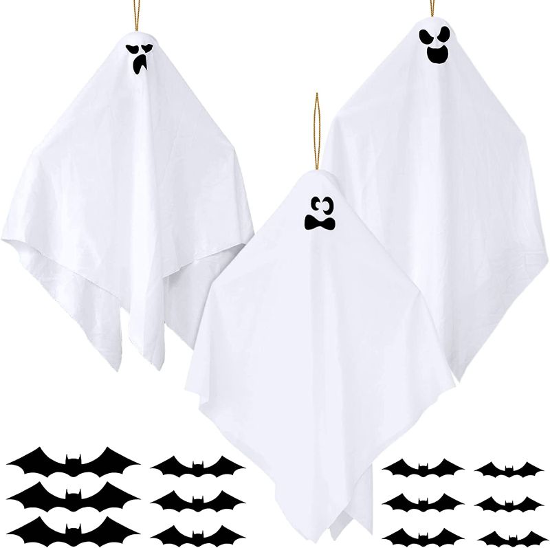 Photo 1 of 3 Pack Halloween Hanging Ghost with 12 Pcs Halloween 3D Bats Wall Decor , 35.43'' Cute Flying Ghost Decorations for Yard Patio Lawn Garden Home Party Outdoor Indoor