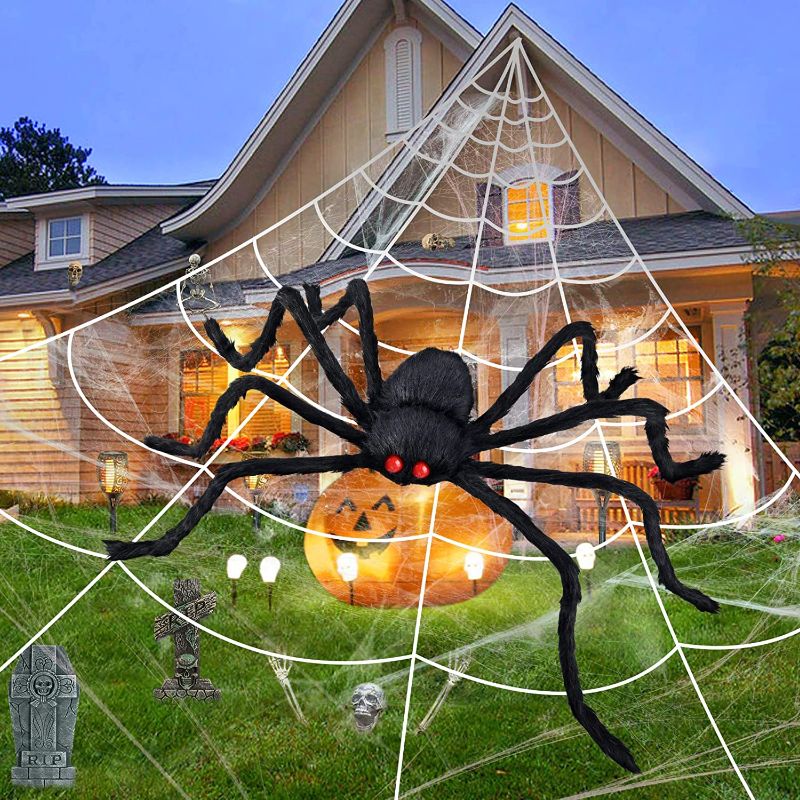 Photo 1 of 200" Outdoor Halloween Spider Web + 50" Giant Spider Halloween Decorations, Yard Spider For Halloween Mega Spider Web Halloween Party Supplies...