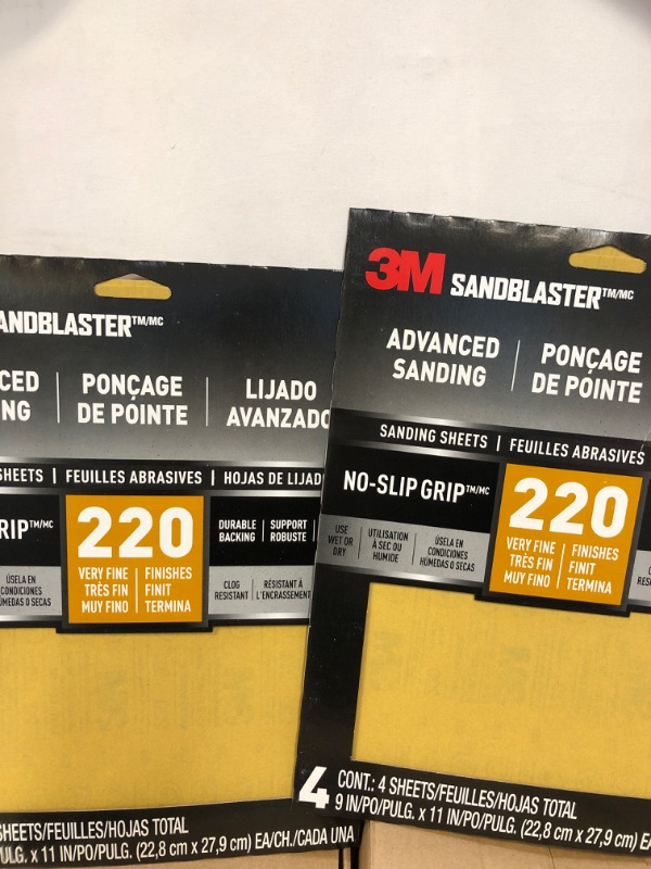 Photo 2 of 3M Sandblaster Advanced Sanding Sheets with No-Slip Grip, 220 Grit, 9 in. x 11 in, 4/Pack 9 in. x 11 in. 220 Grit  2 COUNT = 8 PCS TOTAL