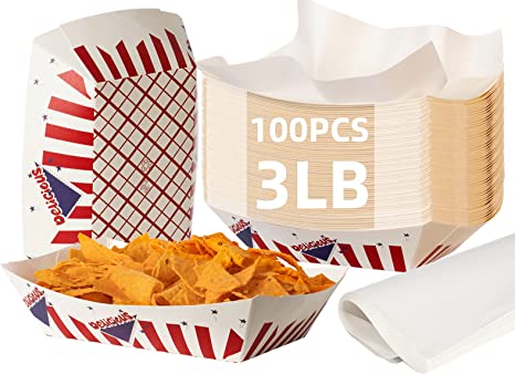 Photo 1 of 100 PCS Paper Food Trays 3 lb Food Holder Trays,Eco Friendly Food Boats,Disposable Classic American Design Nacho Trays for Festival,Carnival and Concession Stand Treats Like Fries,Chicken Tenders