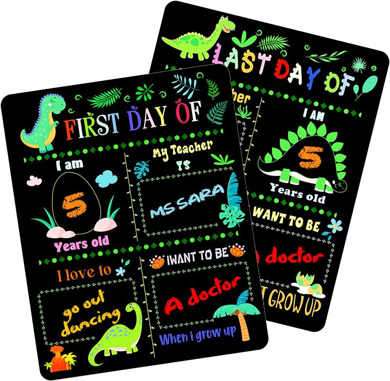 Photo 1 of 2 Pcs First Day and Last Day of School Chalkboard Sign Dinosaur Theme Double Sided Back to School Chalkboard My 1st Day of School Sign Photo Prop for Kids Boy Girl of Preschool Kindergarten, 10" x 8"
