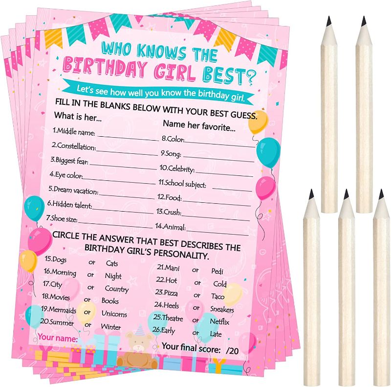 Photo 1 of 30 Pack Who Knows Birthday Girl Best Game Cards with 10 Pencils Pink Girls Birthday Party Games Cards for Teen Girls Game Night Birthday Slumber Sleepover Party Supplies Decorations