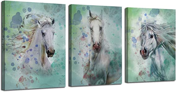 Photo 1 of Arjun Horse Pictures Wall Decor Canvas White Horses Watercolor Painting Prints Modern Animals Artwork, 12"x16" x3 Panels Framed Artwork for Bathroom Bedroom Living Room Dinning Room Home Office Decor