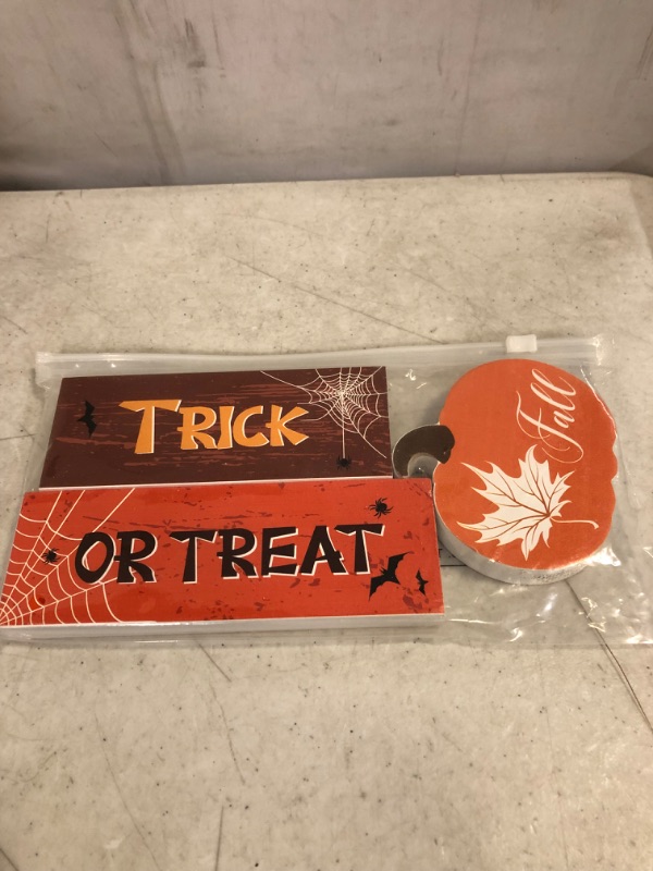 Photo 2 of 3 Pieces Halloween Fall Wooden Signs Halloween Fall Leaves Decorations Halloween Table Decorations Trick or Treat Double Sided Table Centerpiece for Home Halloween Decorations, 5.12 x 1.97 x 0.79 Inch
