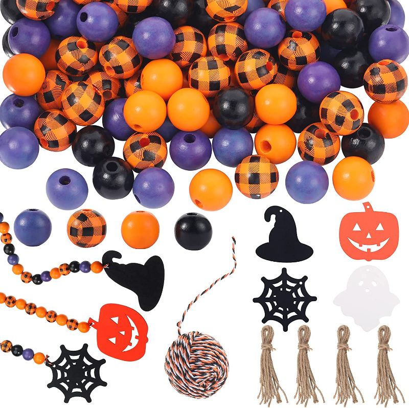 Photo 1 of 169 Pieces Halloween Wooden Beads Set 16 mm Plaid Wood Beads Natural Round Handmade Craft Beads, Tassels, Colored Thread, Wood Hanging Pendants for DIY Crafts Garland Home Halloween Decoration
