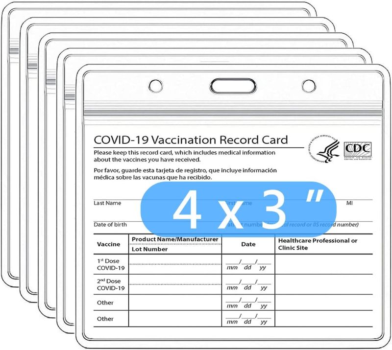 Photo 1 of (5) 5 Pack CDC Vaccination Card Holder Immunization Record Vaccine Card Protector 3x4 Sleeve Covid Shot Card Protector Cover Clear Vinyl Plastic Sleeve with Waterproof Resealable Zip
