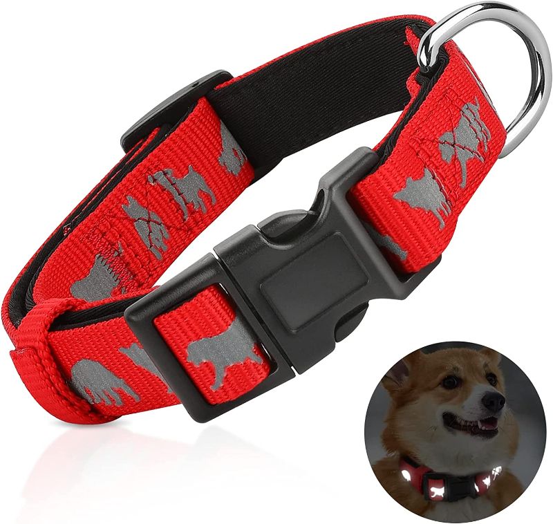 Photo 1 of (2) Red Dog Collar with Reflective Doggy Patterns, Soft Neoprene Padded, Adjustable Polyester Pet Collar with Quick Release Buckle, Heavy Duty Durable Dog Collar for Small Medium Large Dogs
