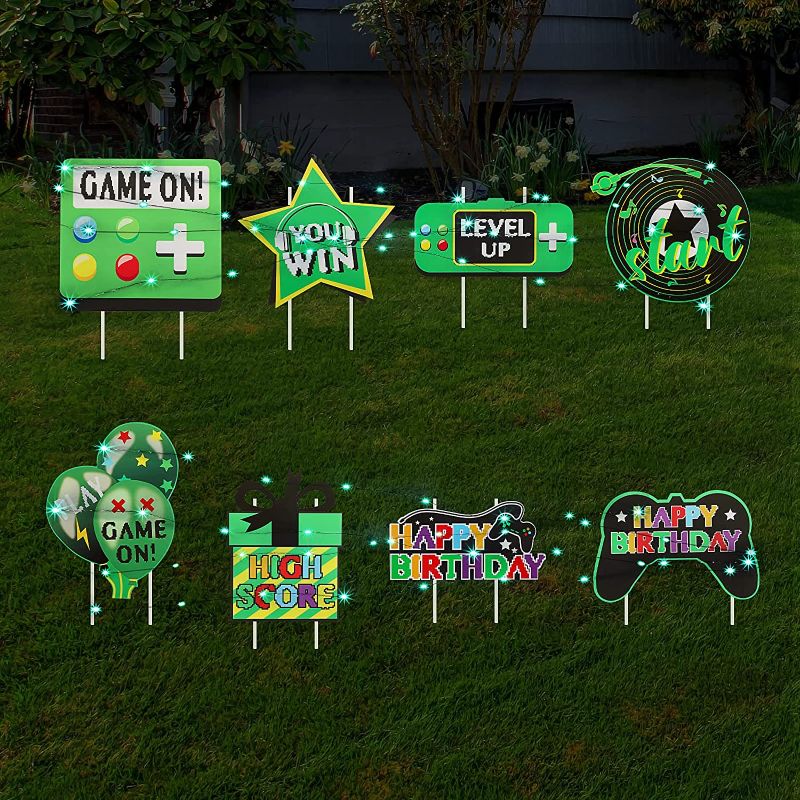 Photo 1 of 8 Pieces Video Game Happy Birthday Yard Sign with 16 Pieces Stakes String Lights Outdoor Yard Lawn Decorations Waterproof Lawn Decor Weather Resistant Video Games Party Supplies Birthday Lawn Sign
