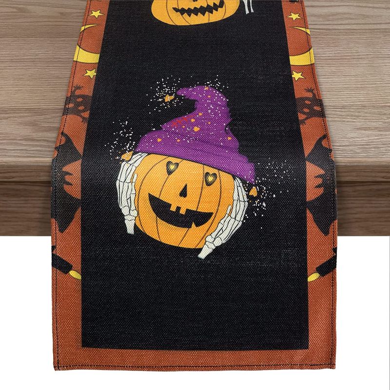 Photo 1 of (2) Bleavins Halloween Table Runner Fall Pumpkin Ghost Face Skeleton Table Runners for Kitchen Dining Coffee Indoor and Outdoor Home Party 13 X 108 Inches
