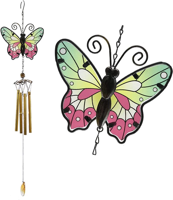 Photo 1 of Butterfly Wind Chimes for Home Garden Decor. Beautiful Butterflies Stained Glass Style for Porch/Patio/Home Garden/Balcony. Beautiful Butterfly Chimes for Outdoors Decorations, Green Butterfly
