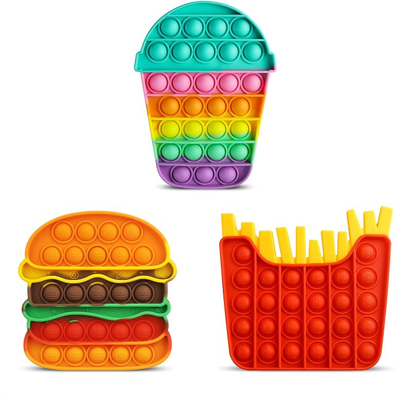 Photo 1 of  3Pcs Push Bubbles Fidgets Sensory Toys for Kids Adults Silicone Popper Rainbow Hamburger Stress Relief Toys Christmas Birthday Gift for Girls Autism ADD ADHD, Hamburger Fries Cup
