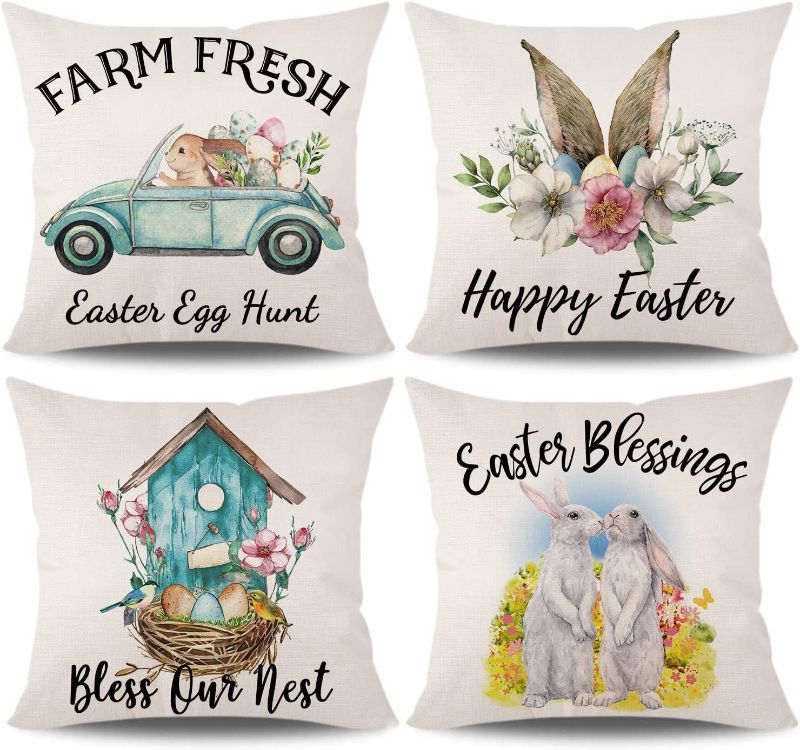 Photo 1 of AOKE Set of 4 Easter Pillow Covers 18x18 Inch, Happy Easter Blue Pickup Truck Spring Pillow Cases, Easter Eggs Nest Cotton Linen Throw Pillow Covers Home Decor for Sofa Couch
