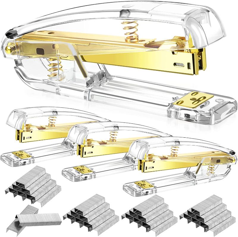 Photo 1 of 4 Pack Office Stapler Desktop Stapler with 4000 Pcs Staples Stapler Set Acrylic Stapler Clear Stapler School Office Supplies Desk Accessory for Women Men Girls Office School Home(Gold)
