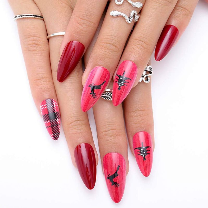 Photo 1 of Aceorna Stiletto Matte Press on Nails Red Long Fake Nails Snowflake Reindeer Full Cover Acrylic Nail Christmas Artificial Nails Tips for Women and Girls 24PCS (5)
