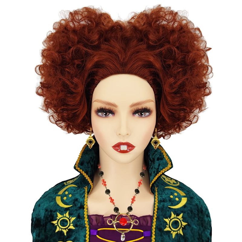 Photo 1 of CJK 4Pcs Winifred Sanderson Wig Costume Kit Short Curly Hearts Shaped Auburn Brown Cosplay Wig with Teeth Necklace Earrings CJ018
