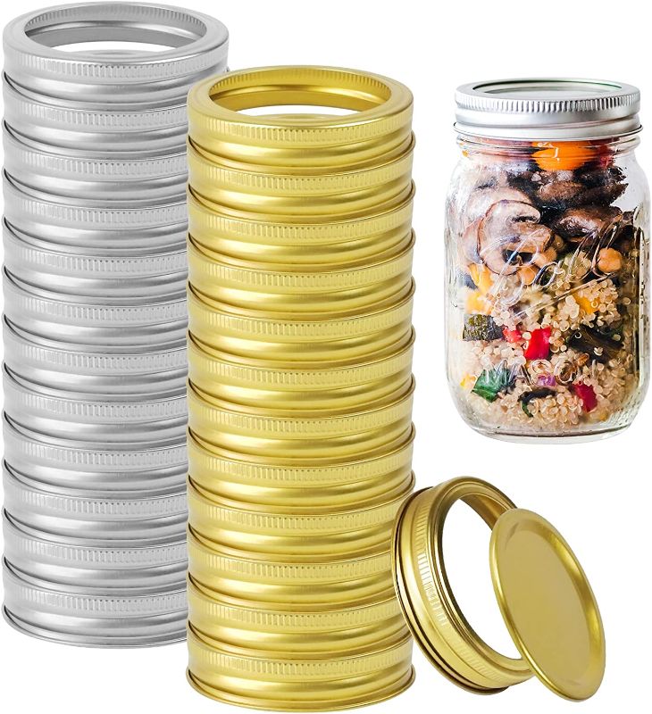 Photo 1 of 24 Pack Canning Lids and Canning Rings-Wide Mouth Jar Lids,Storage Split-type Lids Leak Proof,Great for Canning Jars,for Ball Mason Jar Container Cover (silver and gold)
