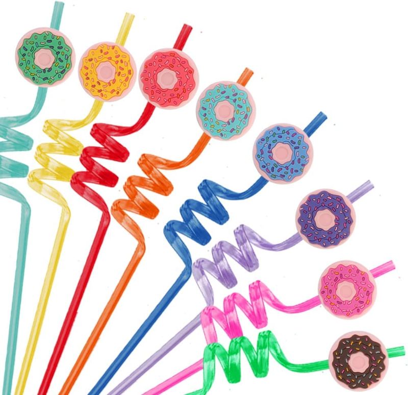 Photo 1 of 16 Pieces PET Drinking straw Reusable Donut Theme Party Plastic , Baby Shower Colorful Cartoon Drinking straw for Birthday Party,Gift Favors summer essentials,Dress up drinks ,Detachable

