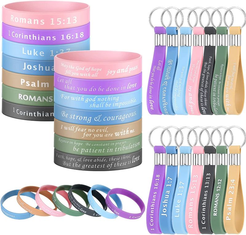 Photo 1 of 35 Pcs Motivational Silicone Wristbands and Inspirational Quote Key Chains Set Includes 21 Colored Inspirational Silicone Bracelet and 14 Bracelet Keychain Motivational Gifts for Women Men, 7 Styles
