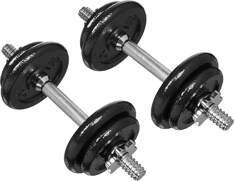 Photo 1 of Amazon Basics Adjustable Barbell Lifting Dumbbells Weight Set with Case, 40 Pounds, Black---------barely used-------missing some items---------carrying case has minor damage to the clip to close the case and the case has a minor crack 
