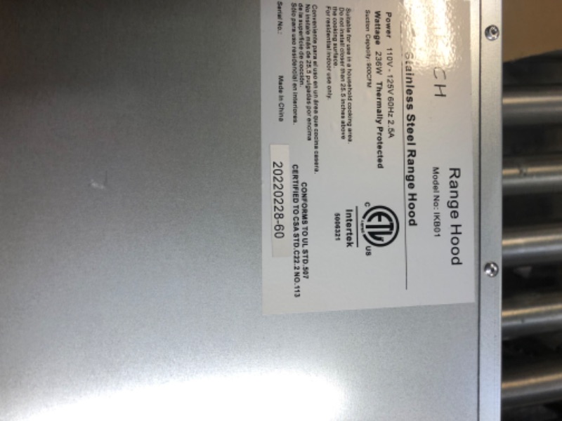 Photo 1 of IKTCH 30 inch Built-in/Insert Range Hood 900 CFM, Ducted/Ductless Convertible Duct, Stainless Steel Kitchen Vent Hood with 4 Speed Gesture Sensing&Touch Control Panel(IKB01-30)---------barely used--------missing some items and hardware 
