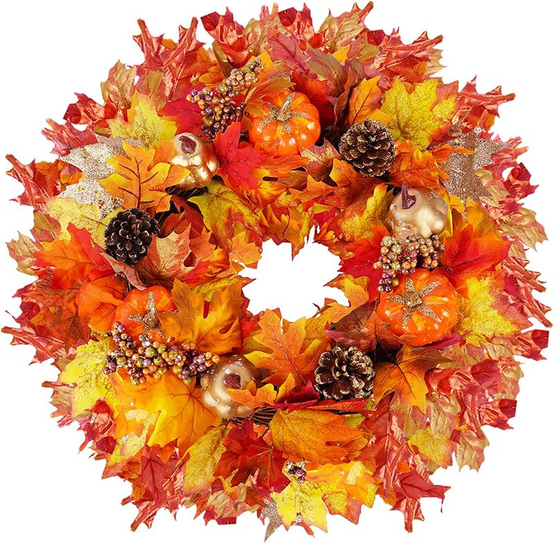 Photo 1 of  Fall Wreath for Front Door, Thanksgiving Wreath with Natural Vine, Pumpkin, Pine Cone, Maple Leaves, Berry for Front Door Hanging Decorations, Fall Harvest, Thanksgiving Home Decor