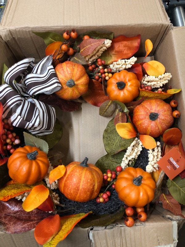 Photo 2 of  Fall Wreath for Front Door, Thanksgiving Wreath with Natural Vine, Pumpkin, Pine Cone, Maple Leaves, Berry for Front Door Hanging Decorations, Fall Harvest, Thanksgiving Home Decor