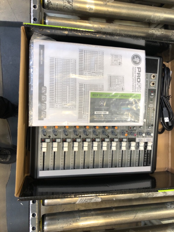 Photo 1 of Mackie ProFX12v3 12-Channel Unpowered Mixer USB Bundle with Waveform OEM DAW, 4x Mophead 10-Foot TRS Cable, 4x 10-Foot XLR Cable, 2x 1/4" to 3.5mm Adapter, 10x Cable Ties and Microfiber Cloth
