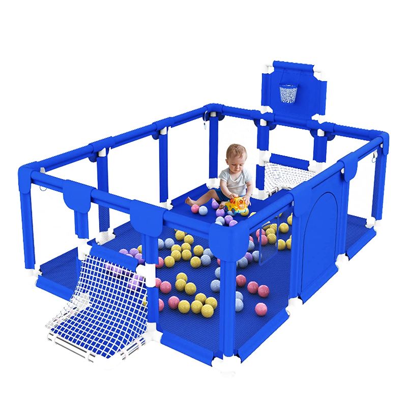 Photo 1 of 71Inch Extra Large Kid Baby Playpen Baby Playard With Basketball Hoop Mesh Infant Children Play Game Fence for Indoors Outdoors Home
