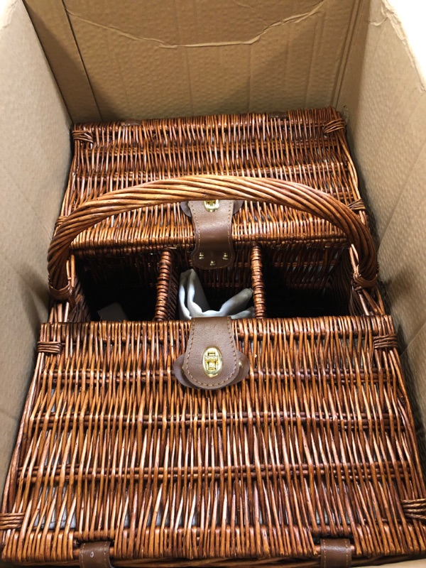 Photo 2 of 4 Person Wicker Picnic Basket Set with Utensils, Glasses, and Insulated Cooler Bag, Outdoor Tableware for Family Gatherings