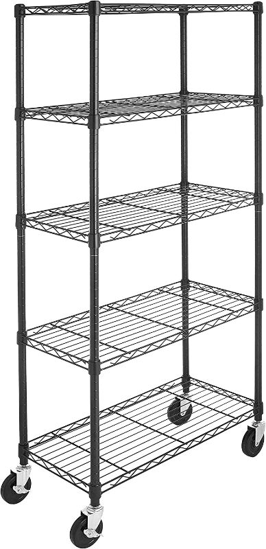 Photo 1 of Amazon Basics 5-Shelf Shelving Storage Unit on 4'' Wheel Casters, Black (30L x 14W x 64.75H) & 3-Shelf Heavy Duty Shelving Storage Unit on 2' Wheel Casters, Black (23.2L x 13.4W x 32.75H)
