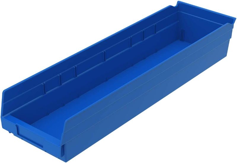 Photo 1 of Akro-Mils 30164 Plastic Nesting Shelf Bin Box, (24-Inch x 6-1/2-Inch x 4-Inch), Blue, (6-Pack)
