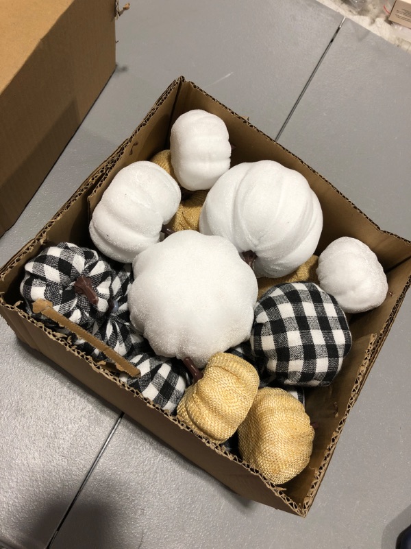 Photo 2 of 16 Pcs Artificial Pumpkins Assorted Fall Pumpkins White Pumpkins Burlap Pumpkins Rustic Pumpkins for Fall Harvest Thanksgiving Halloween Fireplace Decorations