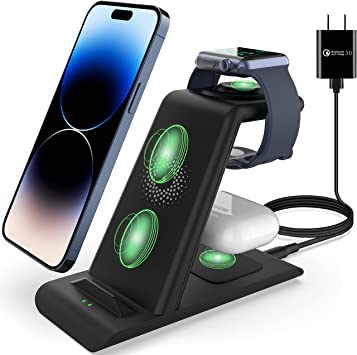 Photo 1 of HATALKIN 3 in 1 Wireless Charging Station Compatible for Apple Products Multiple Devices Apple Watch 7 SE 6 5 4 3 2 AirPods 3 / Pro/2 iPhone 13 12 11 Pro Max/X/XS/XR/8 Plus Fast Wireless Charger Stand