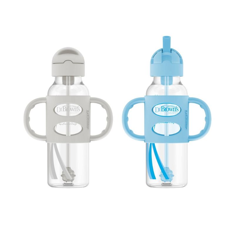 Photo 1 of Dr. Brown S Milestones Sippy Straw Bottle with Silicone Handles - Blue/Gray - 2-Pack