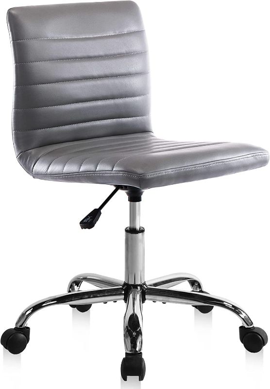 Photo 1 of PU Leather Office Armless-Computer Swivel Rolling Task Home Low Back Makeup Ribbed Desk Chair with Wheels for Bedroom Conference Reception Room (Grey, Retro)
